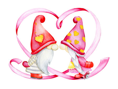 Cute dwarfs, a couple, a red ribbon heart. Watercolor cartoon-style clipart for the Valentine's Day Holiday.の写真素材