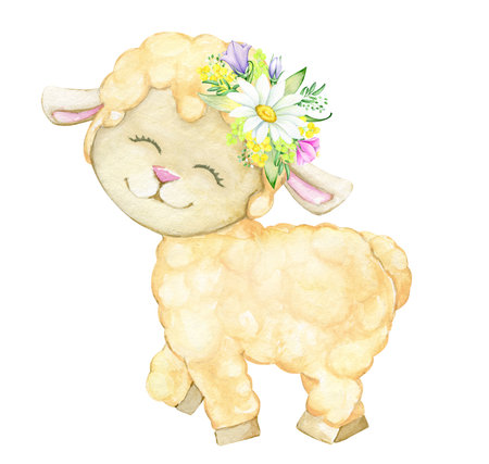 <p>Cute lamb, a bouquet of flowers. Watercolor drawing of an animal in cartoon style, on an isolated background.</p>の写真素材