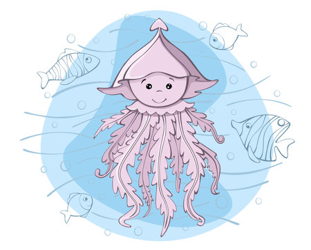 Cute jellyfish fish of the sea. vector illustration in cartoon style, on an isolated background.のイラスト素材