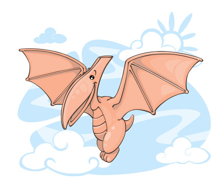 Flying dinosaur, clouds, blue sky. vector clipart in cartoon style, on an isolated background.のイラスト素材
