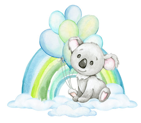 Cute koala, rainbow, balloons. Watercolor cartoon-style clipart on an isolated background.の写真素材