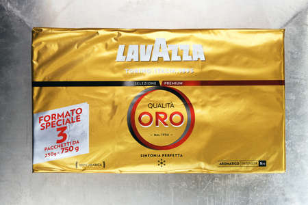 Warsaw, Poland - March 9, 2020: Lavazza oro coffee. Lavazza coffee Isolated on a white background. Luigi Lavazza Spa is an Italian coffee maker. It was founded in Turin in 1895 by Luigi Lavazza.のeditorial素材