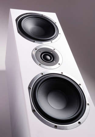 Closeup of white audio speakerの写真素材