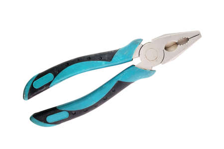 Close up pliers isolated on white background. Cutting plier with black and blue color rubber handle.の写真素材