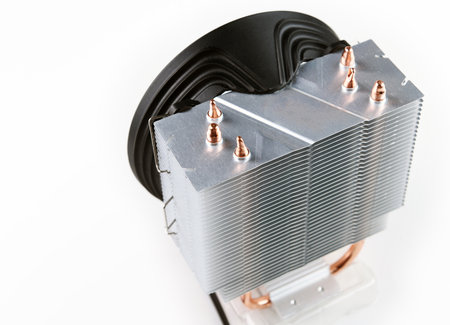 Aluminum radiator with copper heat pipe close-up with beautiful bokeh Metallic backgroundの写真素材