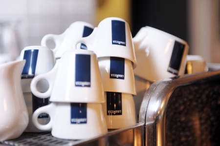 Paris, France - December 15, 2019: Coffee machine with cups and a coffee grinder LavazzÐ°.のeditorial素材