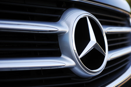 Belarus, Brest - July 30, 2019: Mercedes-Benz v-class, close-up logo. Photographing a modern car in...