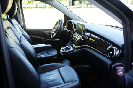 Belarus, Brest - June 03, 2019: Mercedes-Benz v-class, close-up of the dashboard, player....