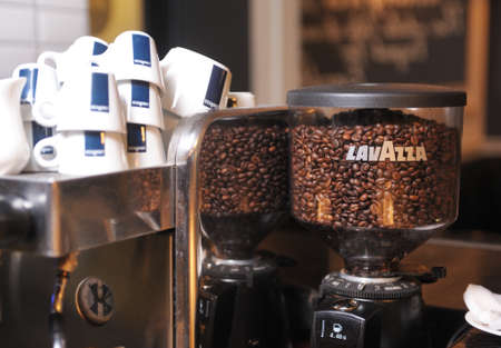 Paris, France - December 15, 2019: Coffee machine with cups and a coffee grinder LavazzÐ°.のeditorial素材