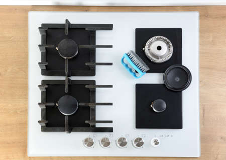 Modern gas stove with kitchen appliances. Top view. Flat lay.の写真素材
