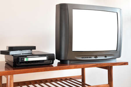 Retro tv with blank screen on shelf in living room, stock photoの写真素材