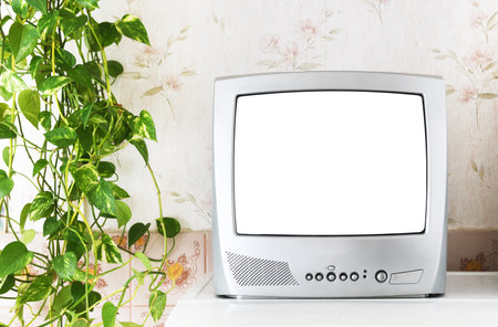 Retro TV in a white screen room with vintage wallpaper in the style of the 1980s 1990s.