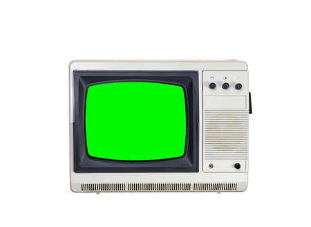 Old television with green screen isolated on white background. Green screen.