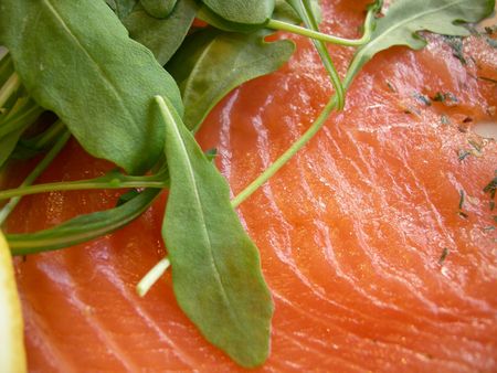 Red fish with green salad & lemonの写真素材