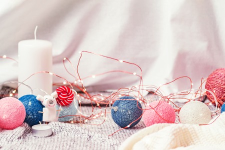 mumps small pig from marshmallows against the background of Christmas decorationの写真素材