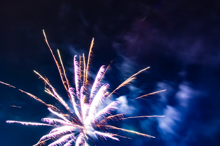 Bright festive fireworks against the background of the blue night skyの写真素材