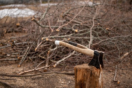Two axes in a stub for splitting of firewood in the yard of a country house