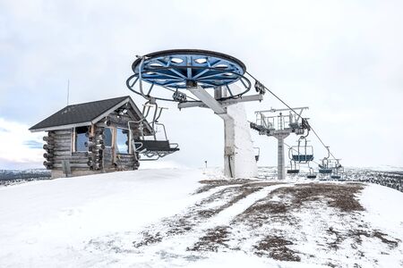 Ski lift on top of mountain in northern Finland without peopleの写真素材