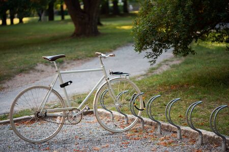 White road bike in a bicycle parking lot in the public parkの写真素材