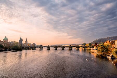 View on famous Prague Charles Bridge at sunset, Czech Republicのeditorial素材