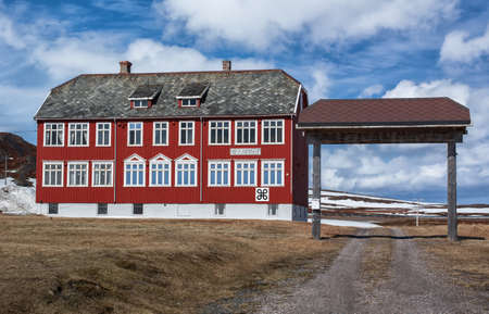 Kiberg, Norway - May 25, 2015: Partisan museum (Partisanmuseet). Red wooden building in scandinavian style in a small Norwegian villageのeditorial素材