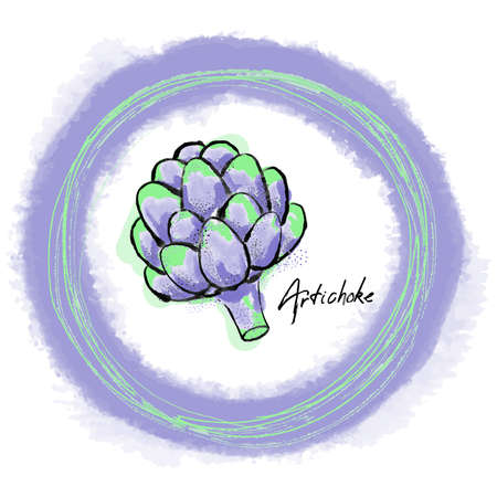 Watercolor hand drawn illustration of green and purple artichoke in the round board. EPS 10.のイラスト素材