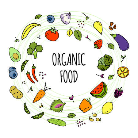 Set of different kinds of vegetables, greens and fruits. Various doodles, simple hand drawn sketches with organic food text in the round.のイラスト素材