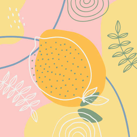 Abstract botanical illustraion with lemon, stripes and dots in modern styleのイラスト素材