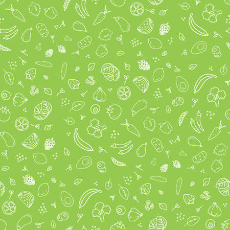 Seamless pattern of different kinds of vegetables, greens and fruits on a green backgound. Various doodles, simple hand drawn sketchesのイラスト素材