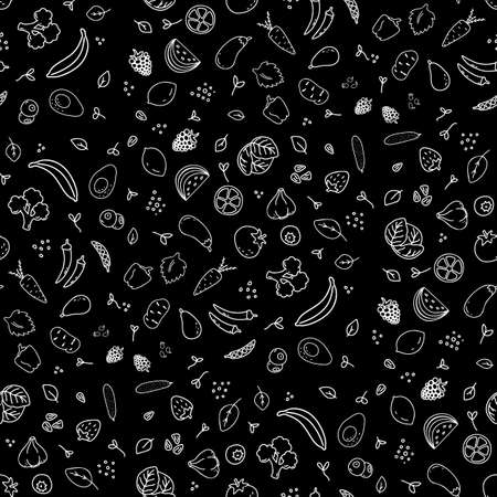 Seamless pattern of different kinds of vegetables, greens and fruits on a black backgound. Various doodles, simple hand drawn sketchesのイラスト素材