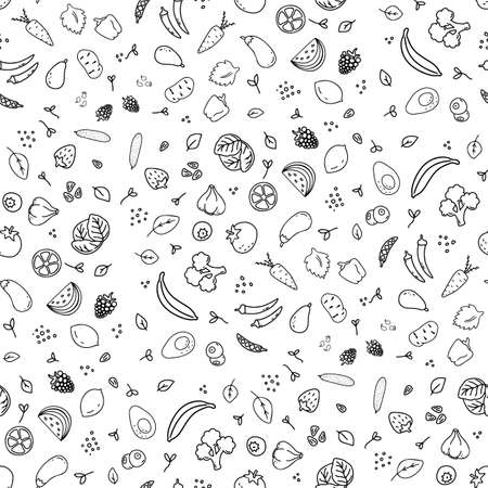 Seamless pattern of different kinds of vegetables, greens and fruits. Various doodles, simple hand drawn sketches black and whiteのイラスト素材