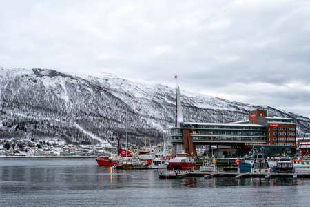 Tromso, Norway - November 17, 2019: embankment of the city of Tromso and Scandic Hotel, North Norway.のeditorial素材