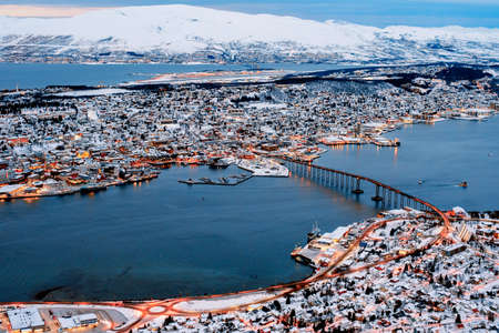 Tromso, Norway - November 17, 2019: Above view of beautiful winter landscape of snow covered town Tromso in Northern Norwayのeditorial素材