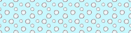 Big banner with seamless pattern of half coconuts isolated on blue backgroundの写真素材