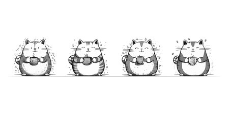 Four fat cat holding coffee cup in paws. Linear vector black and white illustrationのイラスト素材