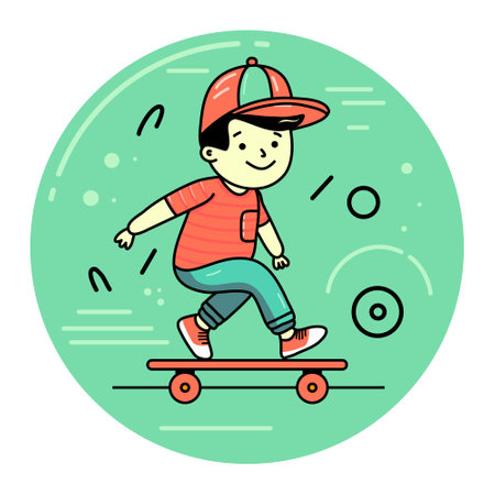 Vector creative illustration of skateboarder boy on green round background with fillers. Line art flat style design of cool skateboarderのイラスト素材