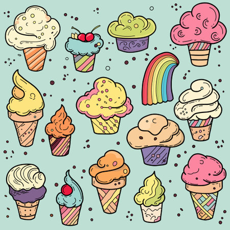 Set of multicolor ice creams in the waffle cones and rainbow isolated on mint background. Vector flat outline icon. cartoon style illustrationのイラスト素材