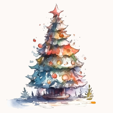 Watercolor hand drawn green Christmas tree with star and balls on white background. Fir tree watercolor image.のイラスト素材