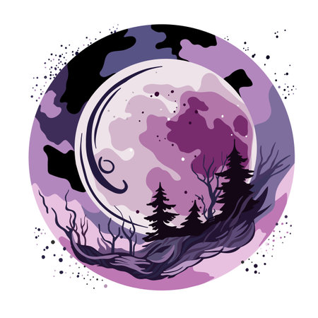 Purple moon and night forest silhouettes in round frame. Abstract vector art. EPS 10のイラスト素材
