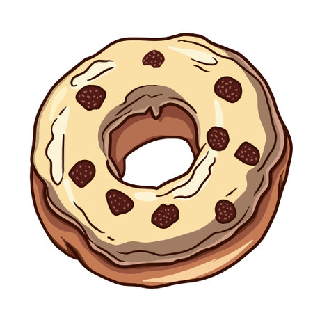 Yellow glazed donut with chocolate crisps. Sweet bakery vector with decorations.のイラスト素材