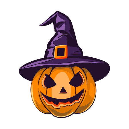Halloween scary pumpkin in purple witches hat in cartoon style.のイラスト素材
