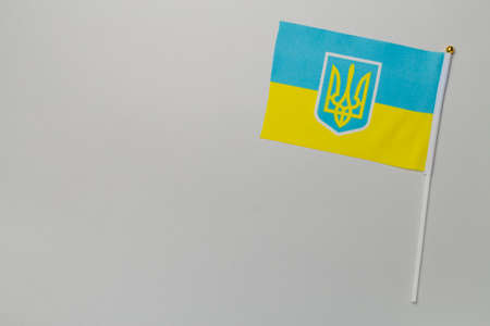Ukraine flag on color background, top view.の写真素材