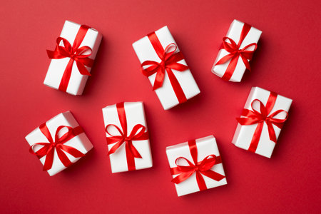 Top view of gift boxes on color background.
