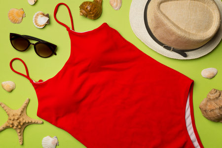 Beautiful red bikini and accessories on color background, top view.の写真素材