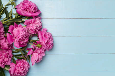 Beautiful pink peony flowers on wooden background, top view.の写真素材