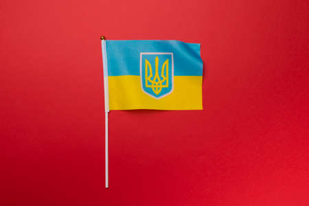 Ukraine flag on color background, top view.の写真素材