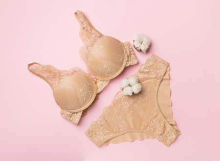 Flat Lay with women romantic underwear on color background, top view.の写真素材