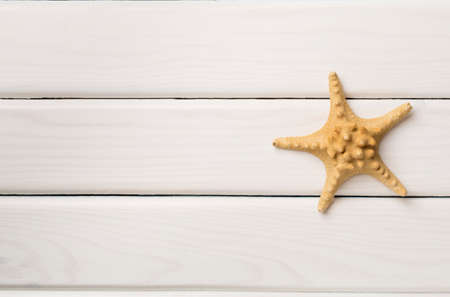 Starfish on wooden background, top view.の写真素材