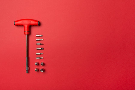 Screwdriver bit set on color background, top view.の写真素材