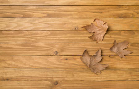 Flat lay composition with autumn leaves on wooden background, top view.の写真素材